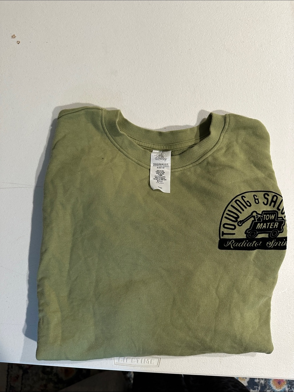 Disney Olive Green Crewneck Sweatshirt with Black Tow Mater Graphic